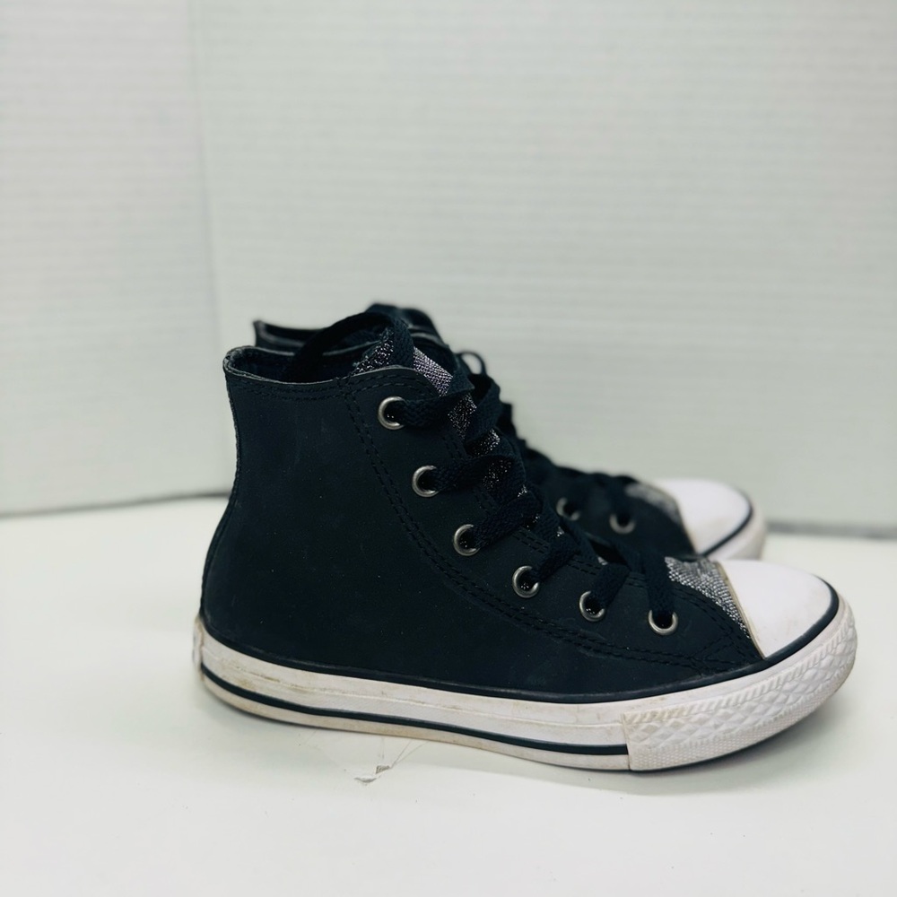 Converse Girl's CTAS Black/Wh Graphite Glitter Leather Hi Top Sneakers-Sz 1